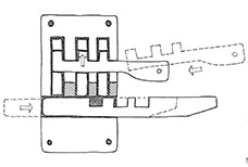 Wooden pin tumbler lock with wooden key and bolt.